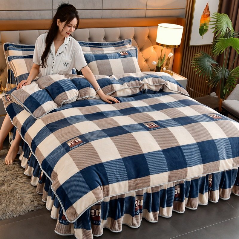 New Thickeneded Milk Velvet Four-Piece Winter Coral Velvet Bed Bed Sheets Quilt Cover Flannel Dormitory Three-Piece Bed Skirt Set