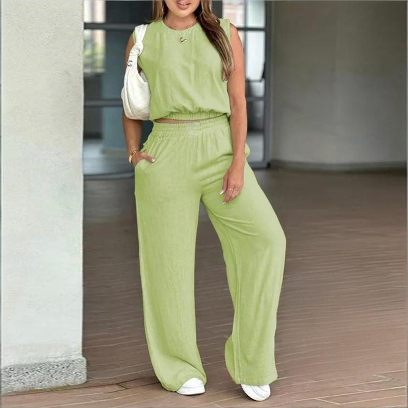 Womens Summer Outfit Set Sleeveless Top Straight Leg Pants Casual Style Perfect for Everyday Wear Wholesale