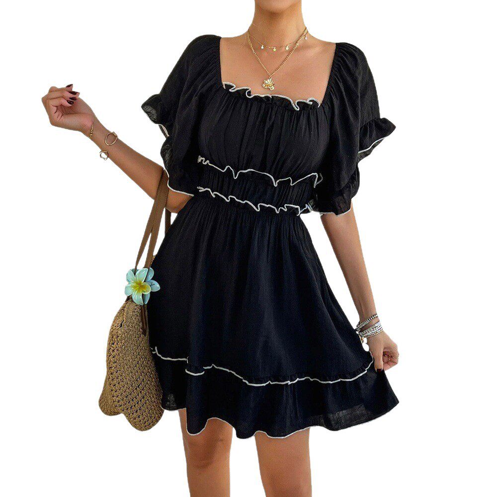 Black French Square Neck Ruffled Short Sleeve Dress Color Block Waist Cinching A Line Silhouette Summer Vacation Wear