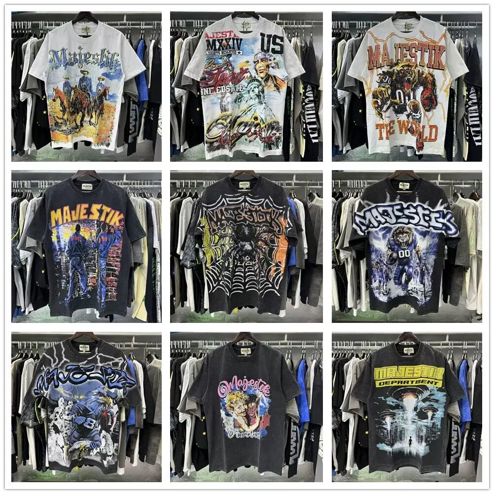 เสื้อยืดแขนสั้น แบรนด์ดังสไตล์อเมริกัน แนวเทรนด์ พร้อมพลอยเทียม พิมพ์ลายกราฟฟิตี้เต็มตัว แมทช์ได้ทุกเพศ ยอดนิยมในกลุ่มคนรุ่นใหม่ ขายส่งข้ามประเทศ
