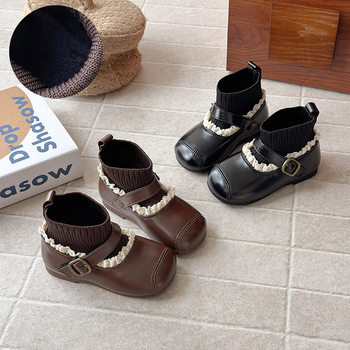 Ins Retro Elastic Socks Boots 2025 Autumn and Winter New Korean Style Girls Lace Fly Knitted Fleece-Lined Round Toe Small Leather Boots