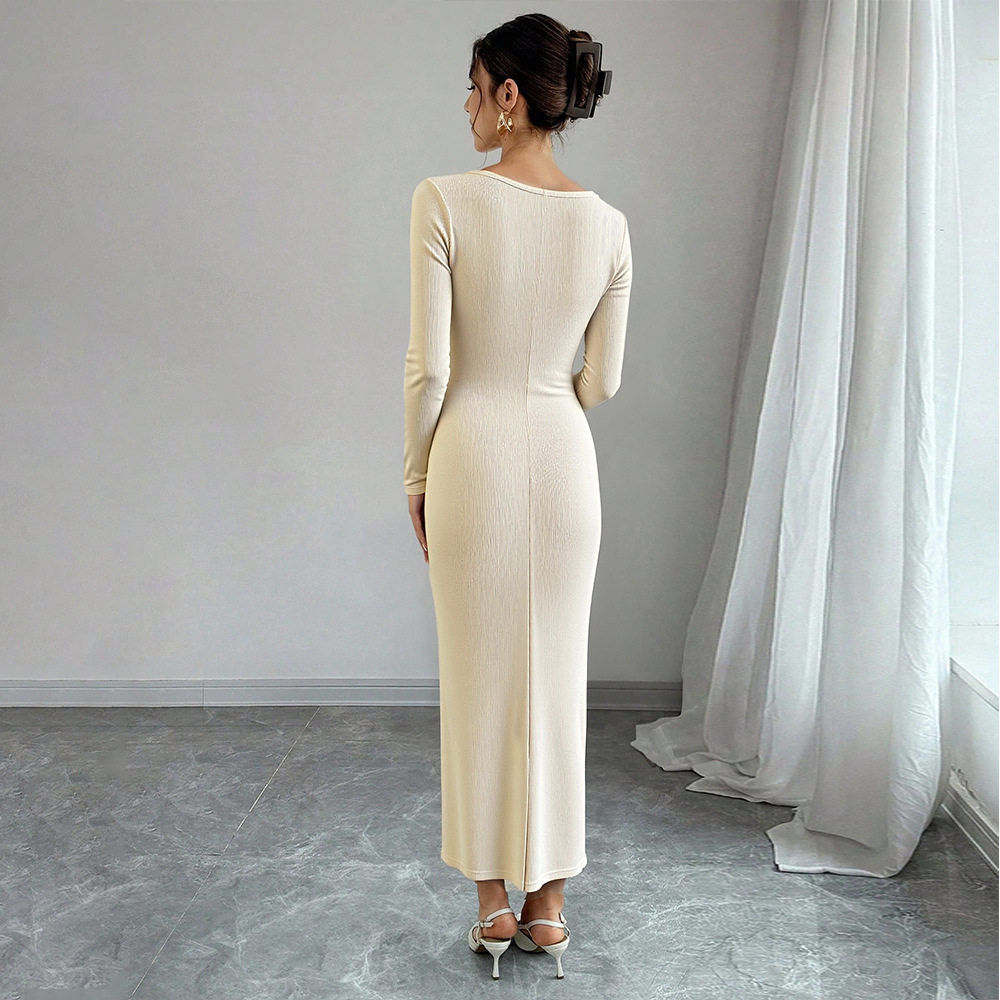 Lace Deep V Cross Body Fitted Knit Dress Long Sleeve Midi Length Bodycon Style Elegant for Dates and Special