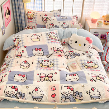 Cartoon Milk Velvet Four-Piece Winter Thickeneded Flannel Quilt Cover Bed Sheetss Student Dormitory Three-Piece Fleece-Lined Bedding Set