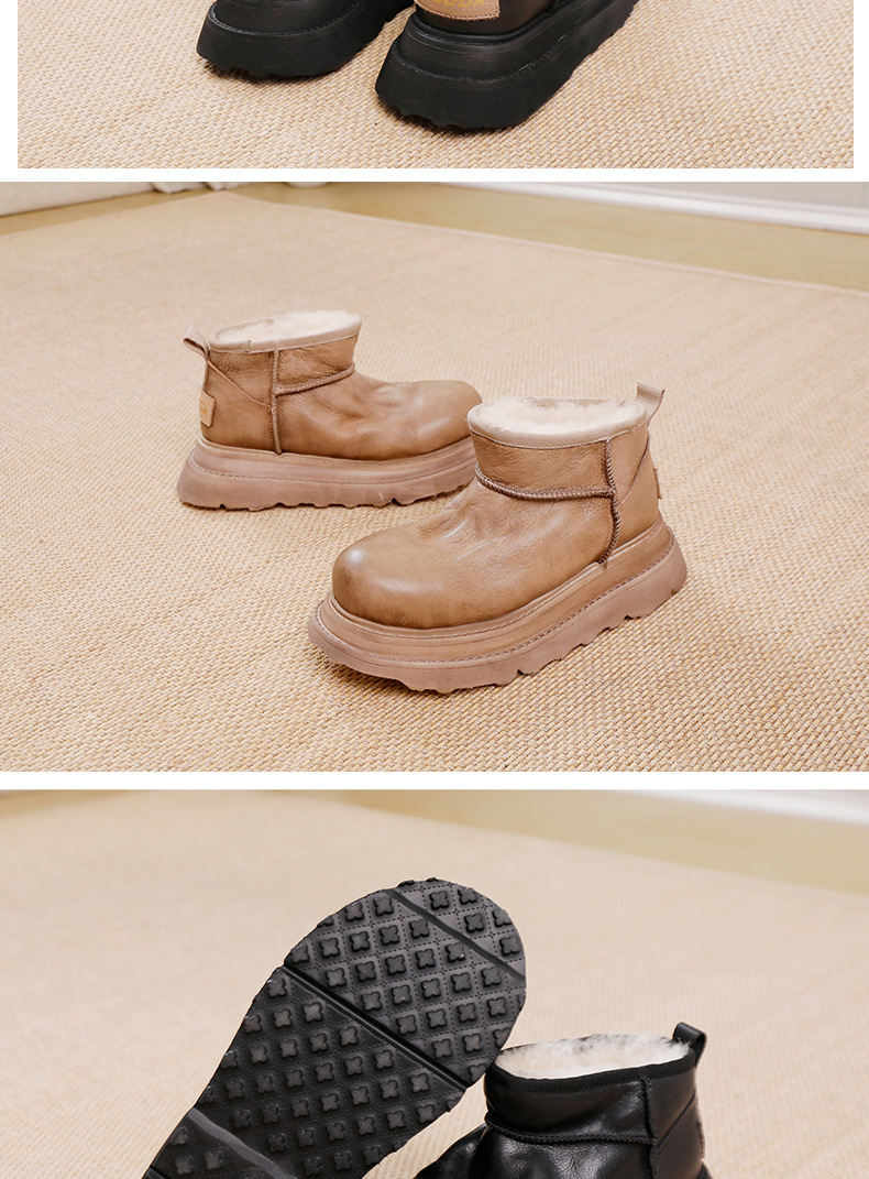 Boot nữ cổ cao lót lông cừu da bò thật đế dày giữ ấm mùa đông — Màu đen