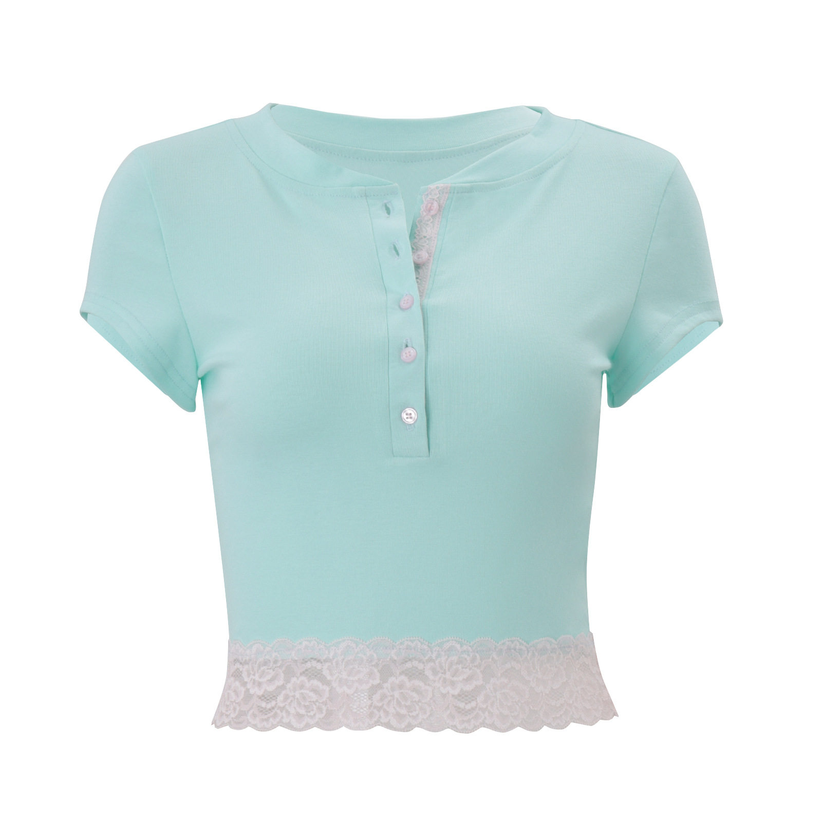 Womens Summer Crop Top Fashionable Slim Fit Sheer Lace Trim Button Closure Casual Wear Available for Wholesale