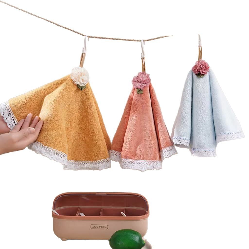 Hangable Extremed Coral Fleece Lace Hand Towel Soft Absorbent Lazy Kitchen Household Multifunctional Cover Towel Shake