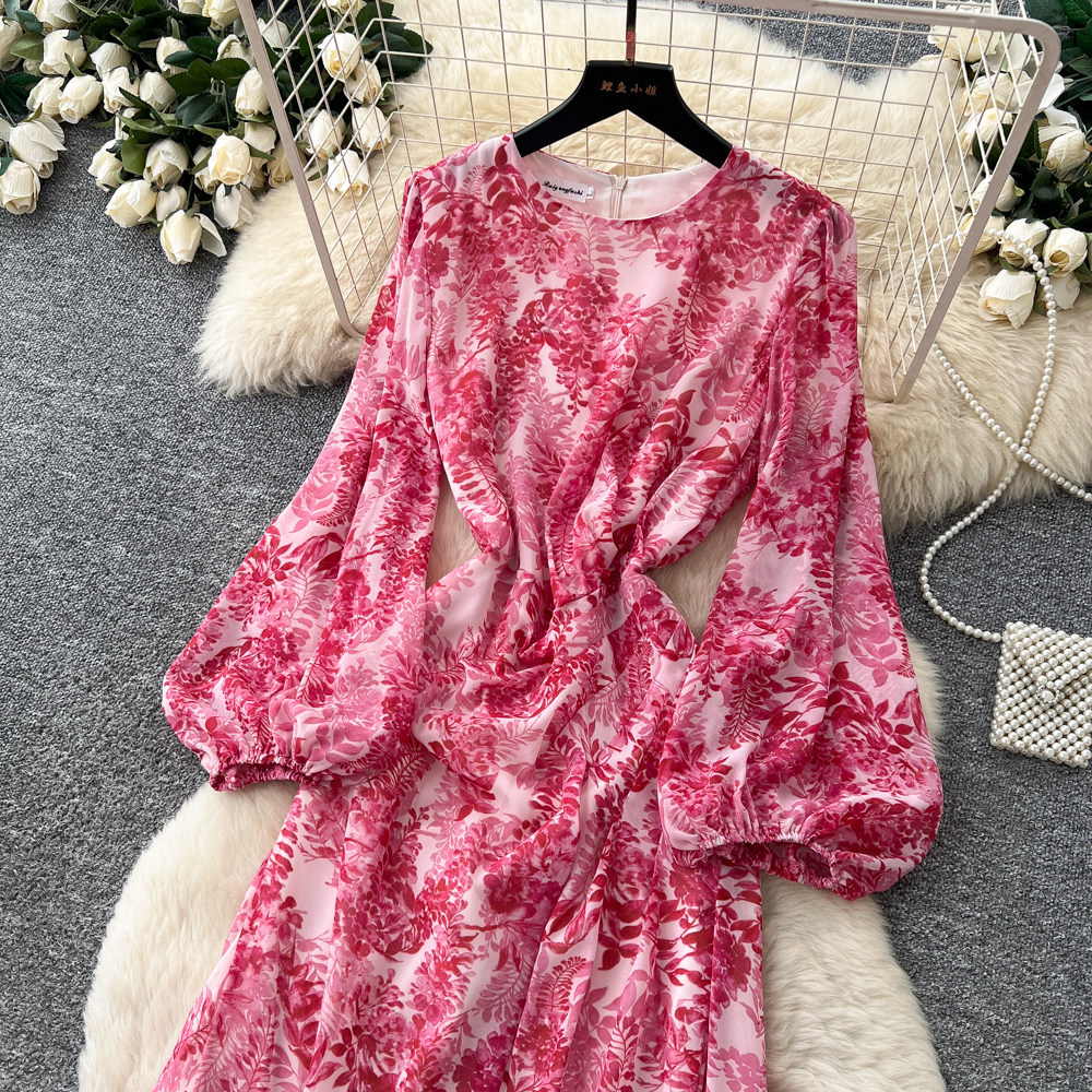 French Vacation Style Floral Maxi Dress for Women Long Sleeve Waist Defined A Line Silhouette Spring and Autumn Wear
