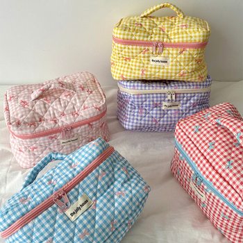 2024 New Plaid Bow Cosmetic Bag High-Looking Large Capacity Portable Travel Toiletries Storage Bag for Women