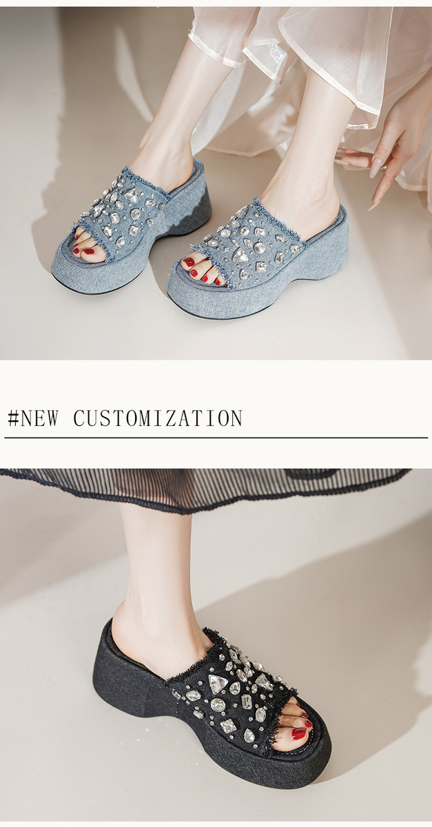 Dép sandal nữ quai ngang đế xuồng gót dốc 9cm đính đá phối denim — Màu đen, Xanh denim