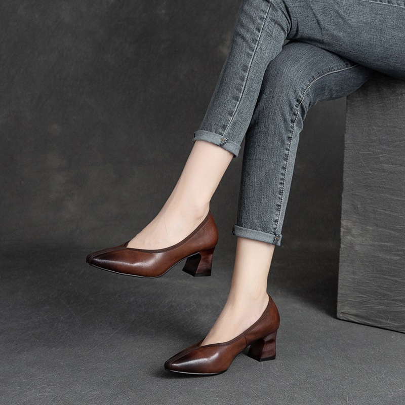 Giày Cao Gót Nữ Chất Liệu Da Bò Phục Cổ Cổ Điển