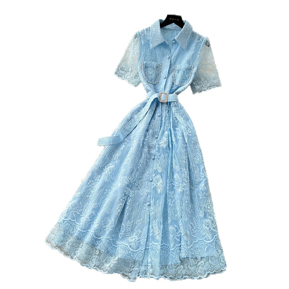 French Elegant Embroidered Lace Dress Summer Slim Fit A Line Korean Style Perfect for Office and Casual Occasions