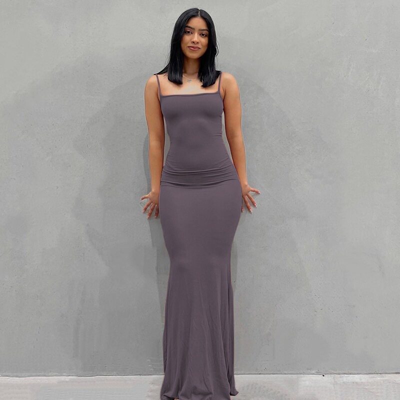Womens Solid Color Bodycon Maxi Dress Spaghetti Straps Mermaid Hem Peach Butt Lift Elegant Evening Wear Wholesale