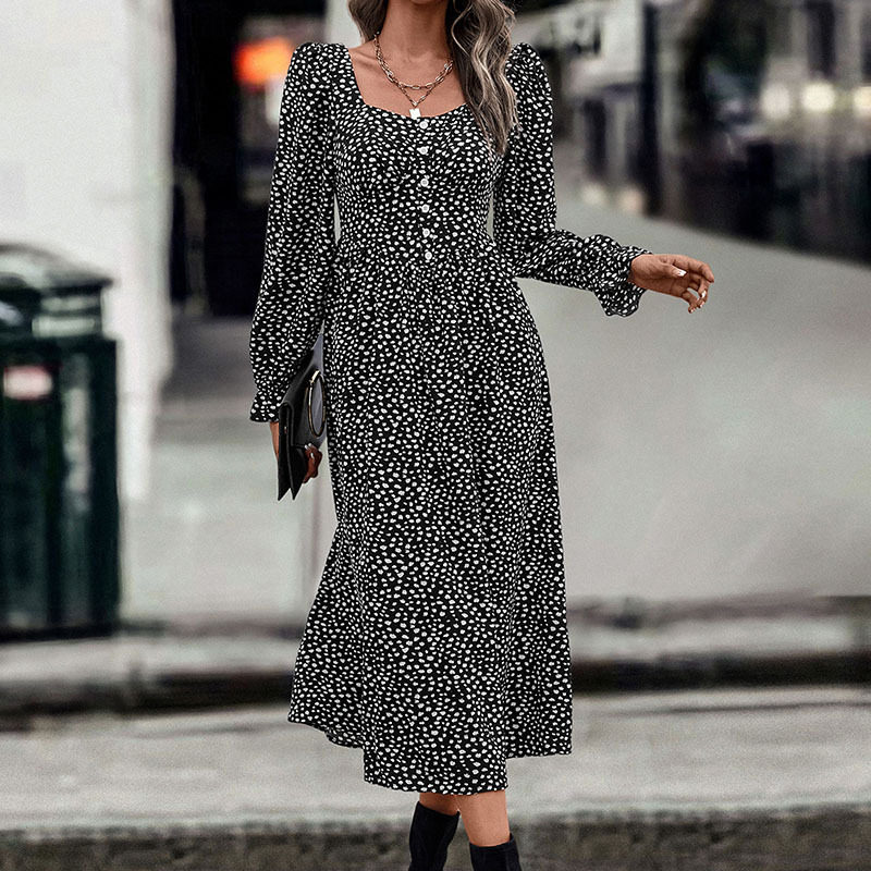Fashionable Womens Dress Square Neck Polka Dot Print Autumn Style Perfect for Casual Outings Wholesale Available