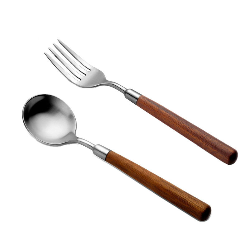 Imitation walnut wooden handle simple texture stainless steel spoon Fork suit household Western food spoon high-looking tableware