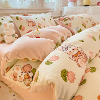 Class A Maternal and Infant Grade Autumn and Winter Milk Velvet Bed Four-piece Single-piece Thickened Double-sided Quilt Cover Faleinel Three-piece Set