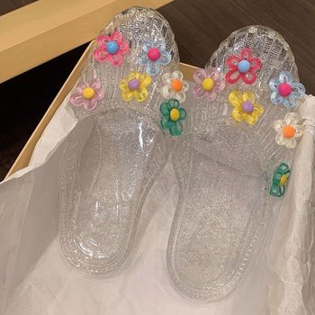 Korean Jelly Shoes Women's Slippers Korean Style Fashionable Outer Wear Baotou Flats Baotou Shoes Transparent Shoes Flower Accessories Beach Shoes