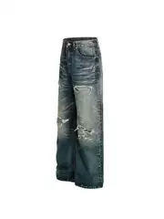 DC+Z029 American Distressed Ripped Dirty Wash Baggy Wide-Leg Jeans for Men, Light Blue