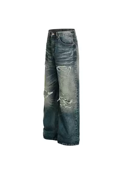 DC+Z029 Men's Baggy Distressed Destroyed Jeans Washed Blue Wide Leg Barrel Jeans