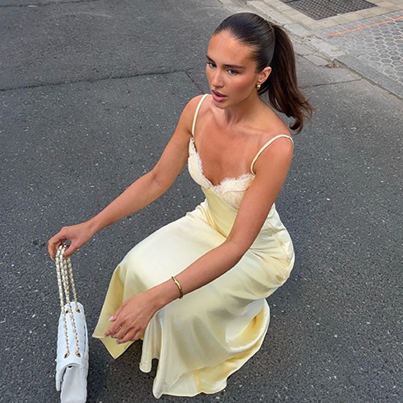 Elegant Cream Yellow Lace Trimmed Slip Dress Slim Fit Summer Style Soft Satin Fabric Wholesale Available