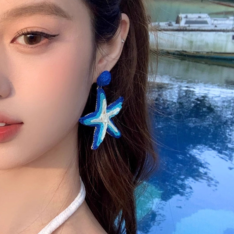 Vacation Island~Blue Straw Starfish Necklace Women's Summer Beach Seaside Resort Style Clavicle Chain Niche Accessories