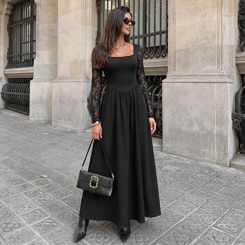 Elegant Black Lace Long Sleeve Dress Square Neck Sophisticated Style Perfect for Evening Events Wholesale Available