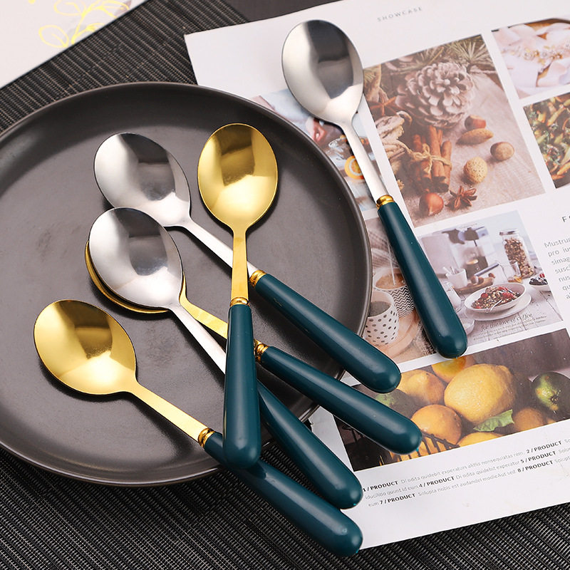 Emerald Stainless Steel Spoon Household Soup Eating Creative Korean-style Cute Long-handled Spoon Tableware