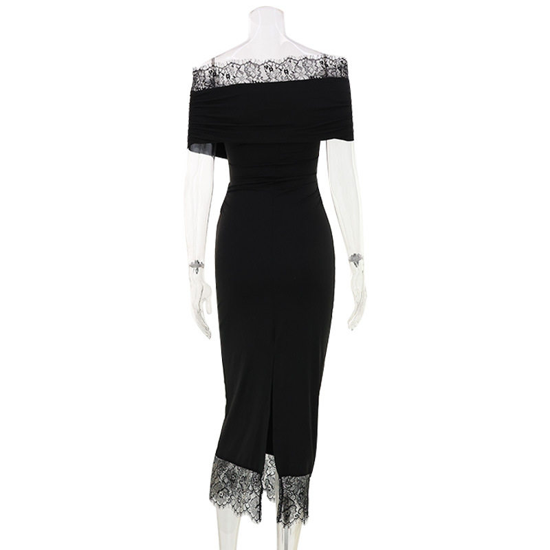 French Style Elegant Long Dress Lace Panel Solid Color Puff Sleeve Perfect for Formal Events Wholesale Available