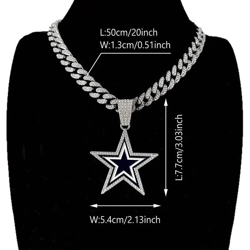 European and American Jewelry Fashion Full Diamond Blue Five-Pointed Star Necklace Jewelry Men and Women Personalized Hip-Hop Pendant Wholesale