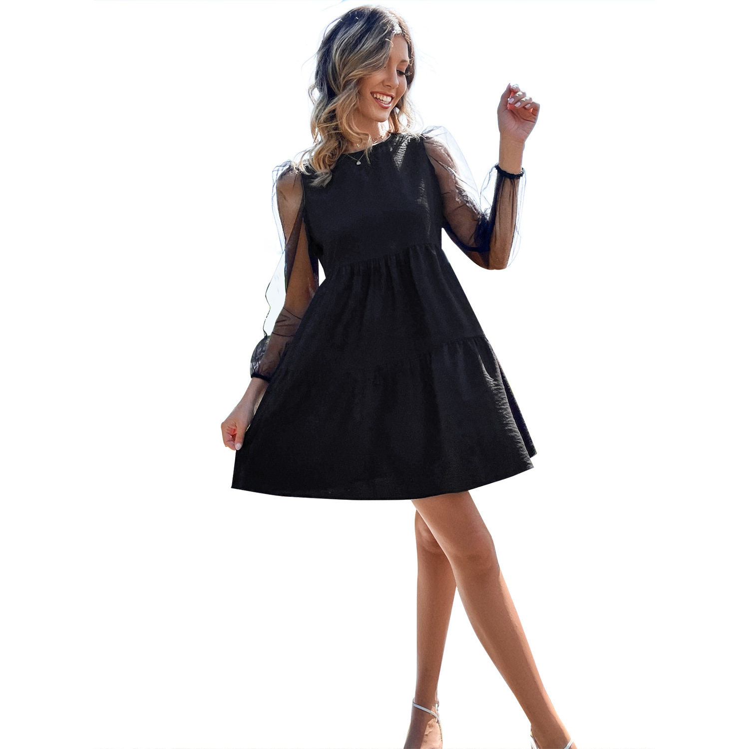Elegant Hollow Out Long Sleeve Dress Color Block Design Round Neck Trendy Style Perfect for Parties and Events