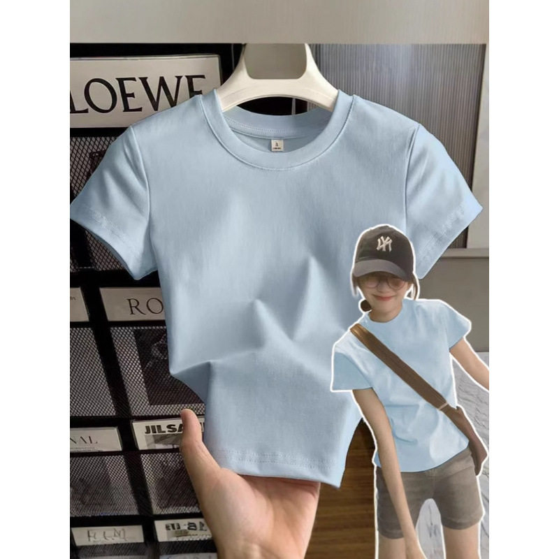 [Store Hot Sale] Summer Heavy Weightweight Pure Cotton Hong Kong Style Chic Right Shoulder Short-Sleeved T-Shirt Women's Spring and Summer Navy Blue Top