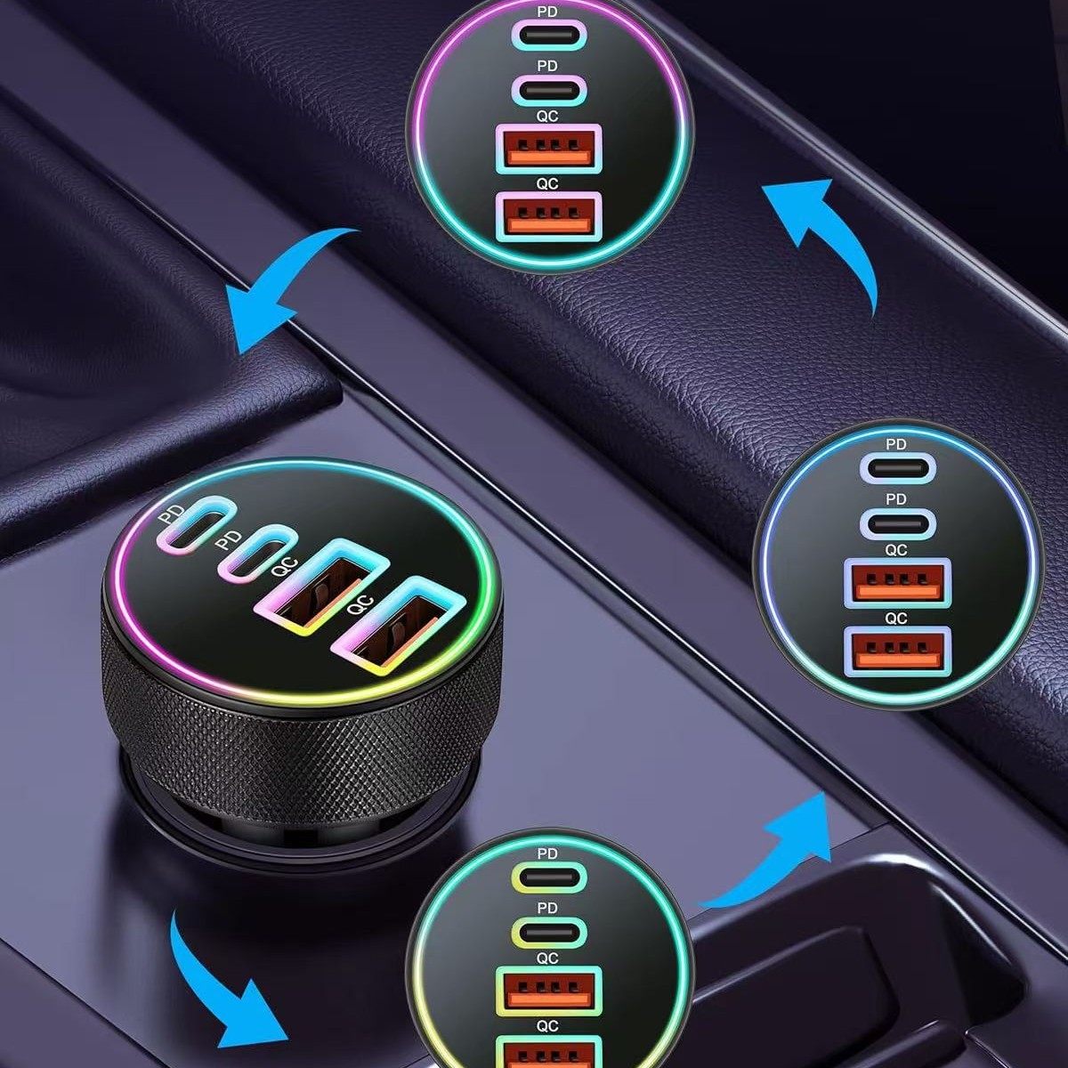 Cross-Border Hot-Selling Aluminum Alloy Car Charger One-To-Four Fast Charging Dual Qc3.0 Metal Car Charger High Power