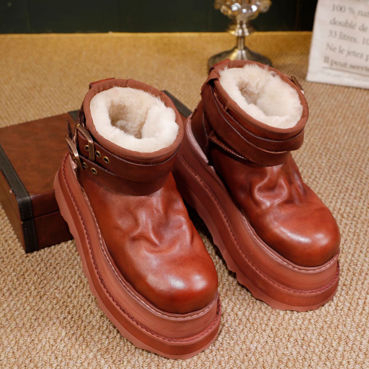 Boot lông cừu nữ cổ cao đế dày giữ ấm mùa đông — màu đen, nâu