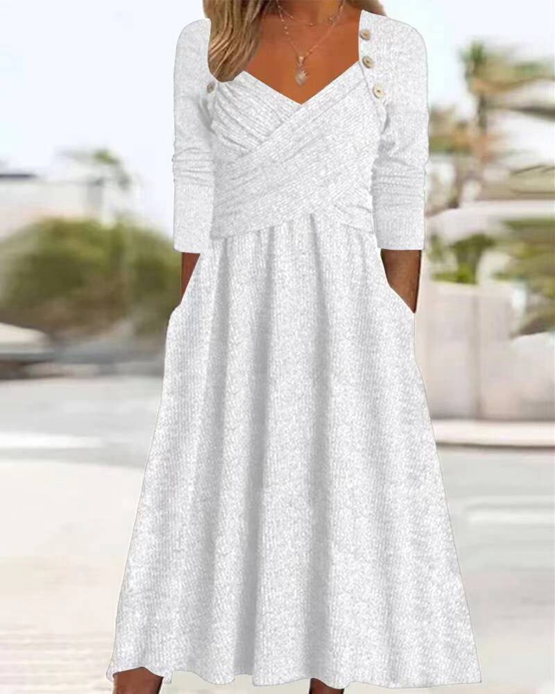 V Neck Long Sleeve Casual Dress Solid Color Autumn Winter Style Perfect for Everyday Wear Wholesale Available