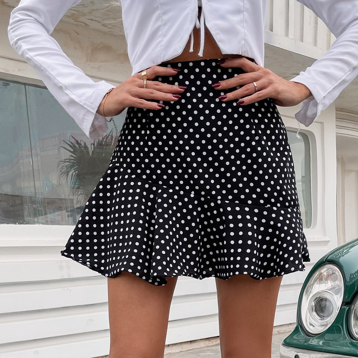 High Waisted Polka Dot Ruffle Hem Skirt Fashionable Trendy Design Spring Summer Wear Wholesale Available