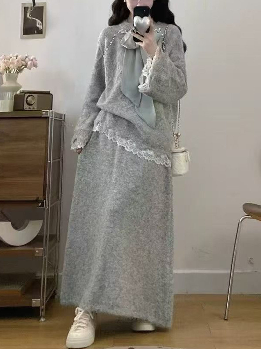 2025 New Autumn and Winter Gentle Style Suit Bow Lace Sweater + Slim Knitted Skirt Two-Piece Set for Women