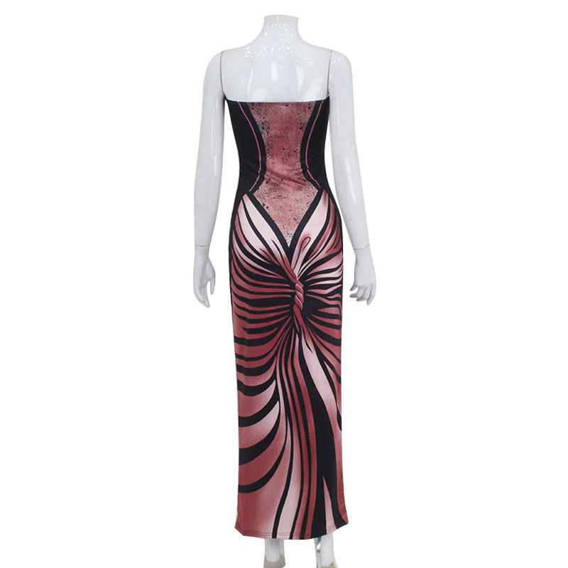 3D Printed Strapless Maxi Dress Spring Fashion High Slit Elegant Style Perfect for Parties and Events Wholesale