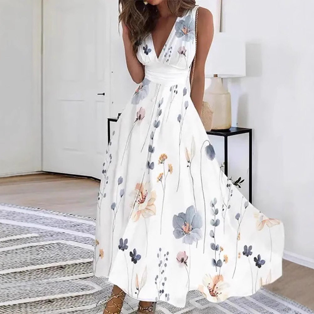 V Neck High Waisted Sleeveless Floral Dress Elegant Summer Style Perfect for Parties and Casual Outings Wholesale