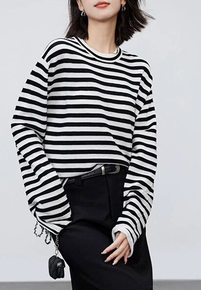 進口chao细美丽诺羊毛 爆款条纹针织衫长袖打底衫上衣