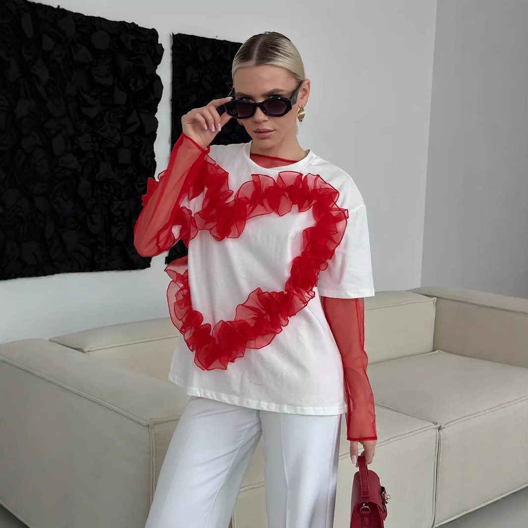 Womens Ruffled Heart Design T Shirt Soft Cotton Loose Fit Round Neck Stylish Layered Look Casual Wear Wholesale