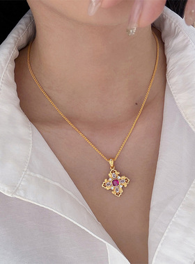 双面多戴法法式复古宫廷风精致百搭锆石四叶草吊坠项链小众锁骨链