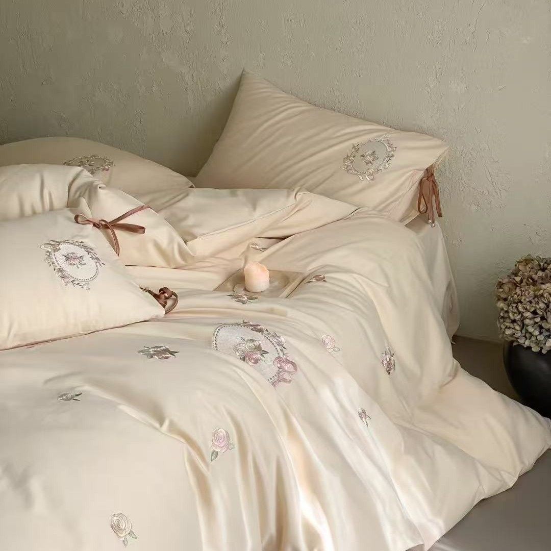 Autumn and Winter French Style 100S Long-Staple Cotton Thickened Brushed Four-Piece Set Floral Embroidery Pure Cotton Duvet Cover Bedding