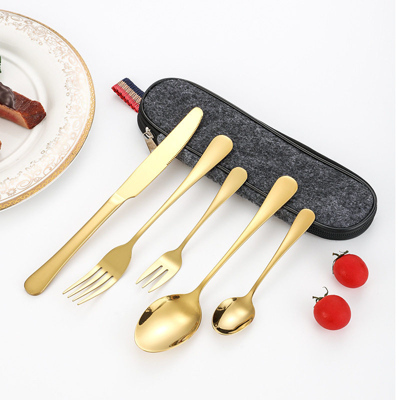 Amazon Cross-Border Stainless Steel Portable 5-Piece Tableware Set Table Knife, Fork, Spoon and Chopsticks Travel Tableware Set