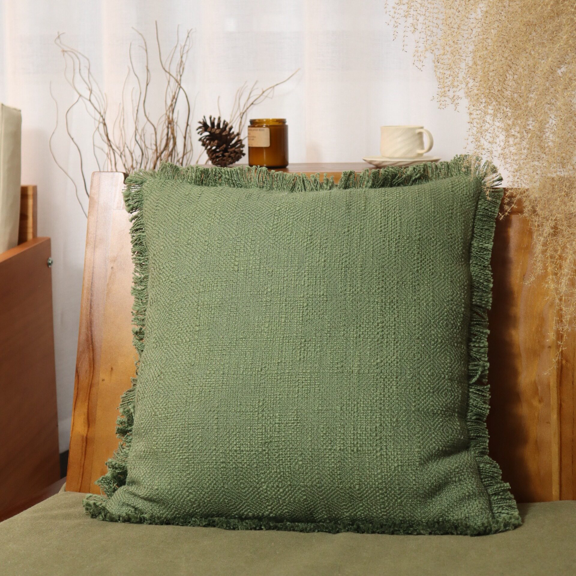 Simple Ins Style Forest Color Cut Flower Woven Pillow Living Room Bedroom Pillow Case Tassel Lace Cushion