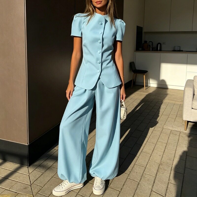 Womens Summer Casual Two Piece Set Solid Color Top and Long Pants Comfortable Everyday Wear Wholesale Available