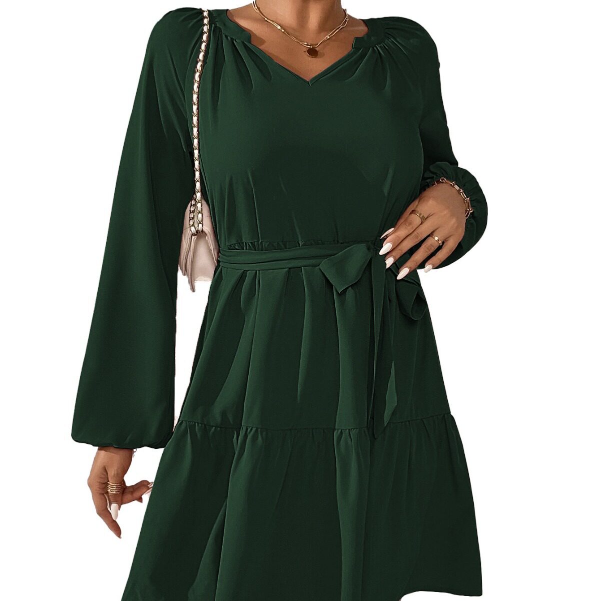 Casual Long Sleeve Ruffled Hem Dress Loose Fit Waist Defined Elegant Style Spring Summer Collection Wholesale