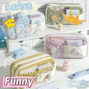 Fresh and Large-Capacity Pencil Case with an Instagram-Style High Aesthetic Appeal for Boys and Girls, Multi-Layer Drawstring Window Stationery Box, Niche and Simple