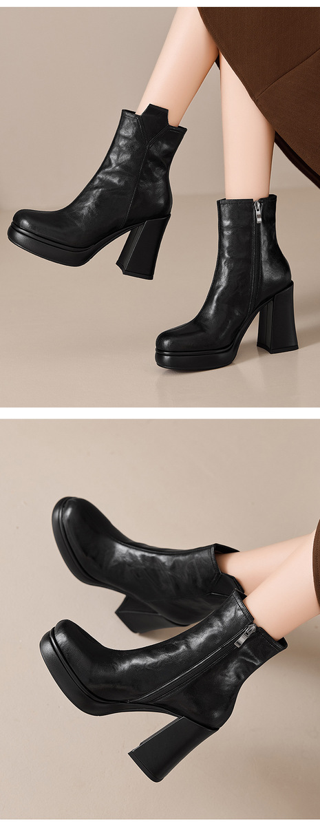 Boot nữ cổ thấp gót thô 10cm khoá kéo bên hông, da bò vân mềm phong cách Anh — Lớp lót đơn màu đen, Lớp lót đơn màu nâu, Lót nhung đen, Lót nhung màu nâu