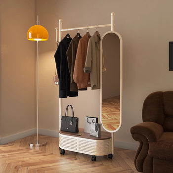 Movable Clothes Rack with Mirror Bedroom Floor-Standing Full-Length Mirror Integrated Coat Rack Fitting Mirror Storage Shelf
