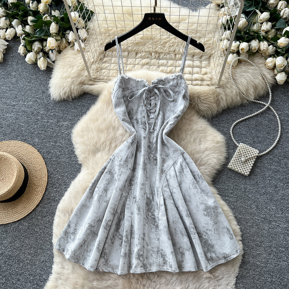 A Line Denim Dress Sweetheart Style Adjustable Waist Tie Summer Fashion Perfect for Casual Outings Wholesale