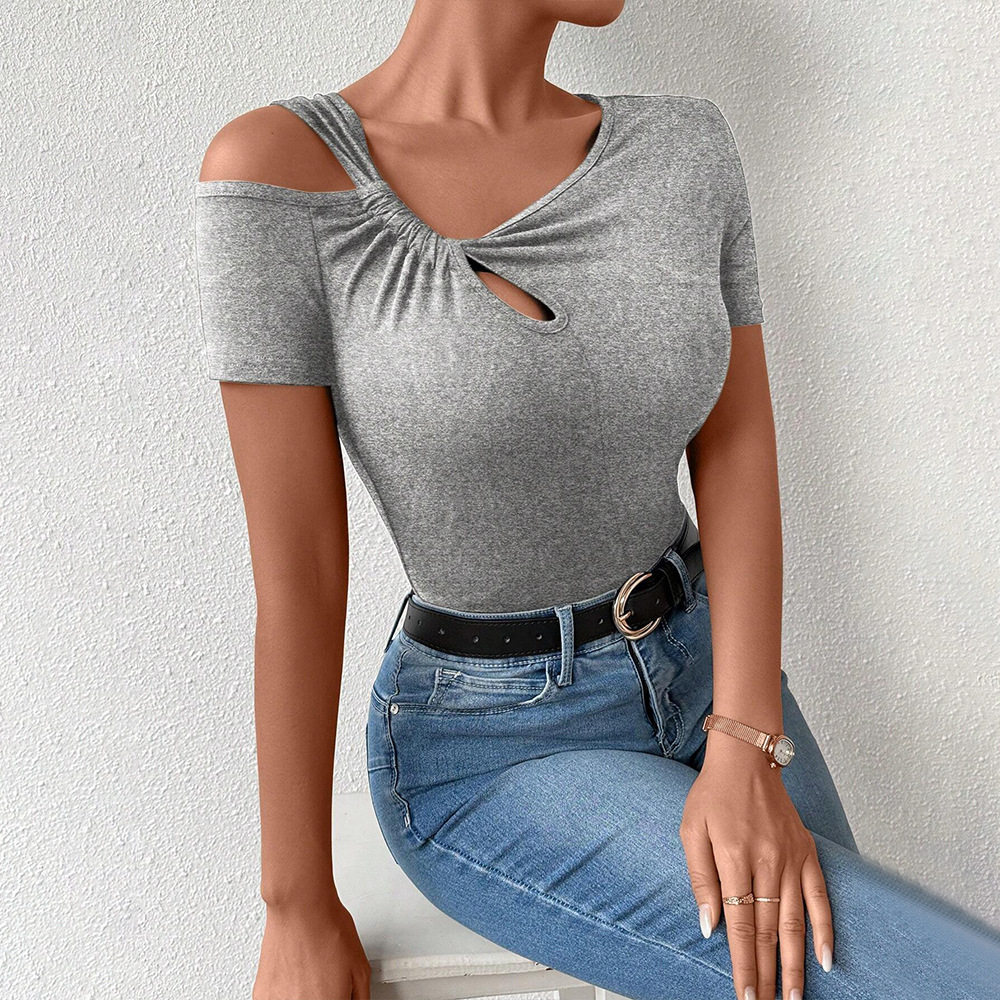 Womens Fashionable Short Sleeve T Shirt Asymmetrical Design Off Shoulder Neckline Lightweight Fabric Spring Summer